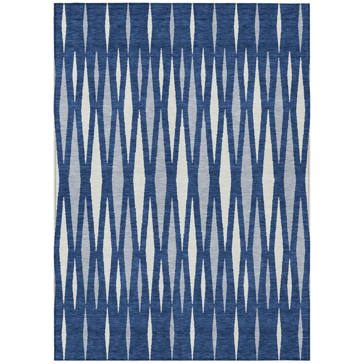 9' X 12' Navy Blue Gray And Ivory Geometric Washable Indoor Outdoor Area Rug