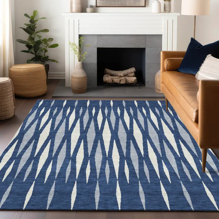 9' X 12' Navy Blue Gray And Ivory Geometric Washable Indoor Outdoor Area Rug