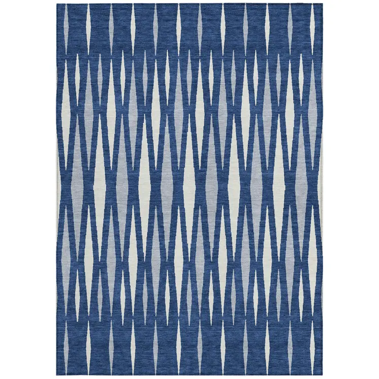 10' X 14' Navy Blue Gray And Ivory Geometric Washable Indoor Outdoor Area Rug