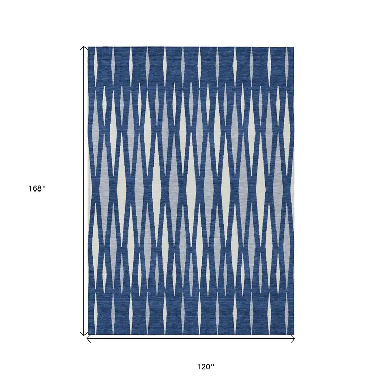 10' X 14' Navy Blue Gray And Ivory Geometric Washable Indoor Outdoor Area Rug
