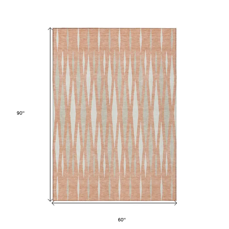 5' X 8' Salmon Gray And Ivory Geometric Washable Indoor Outdoor Area Rug