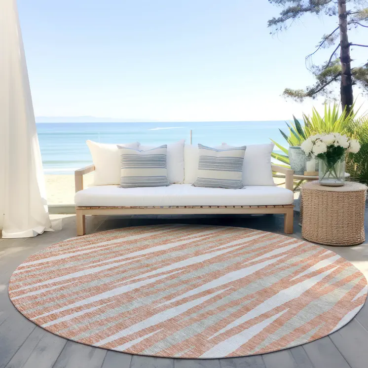 8' Salmon Gray And Ivory Round Geometric Washable Indoor Outdoor Area Rug