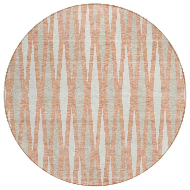 8' Salmon Gray And Ivory Round Geometric Washable Indoor Outdoor Area Rug