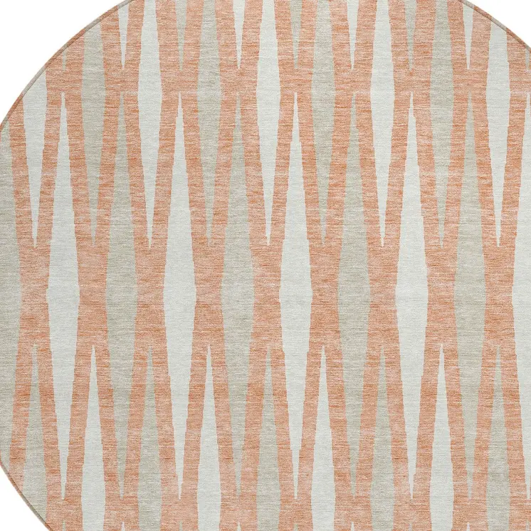 8' Salmon Gray And Ivory Round Geometric Washable Indoor Outdoor Area Rug