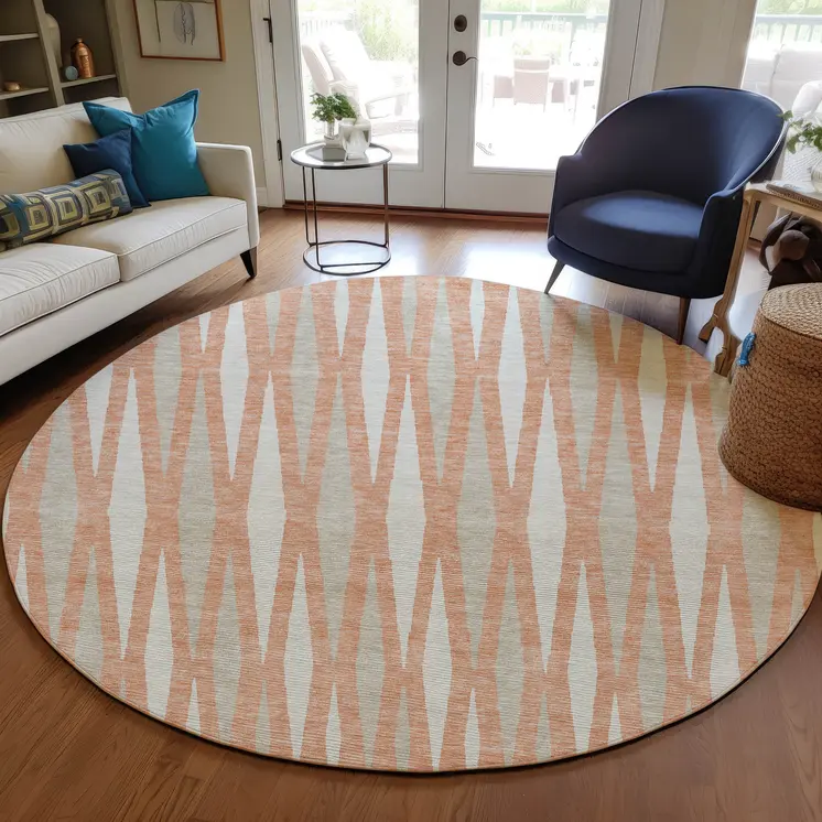 8' Salmon Gray And Ivory Round Geometric Washable Indoor Outdoor Area Rug