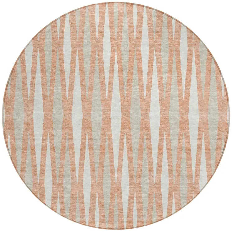 8' Salmon Gray And Ivory Round Geometric Washable Indoor Outdoor Area Rug