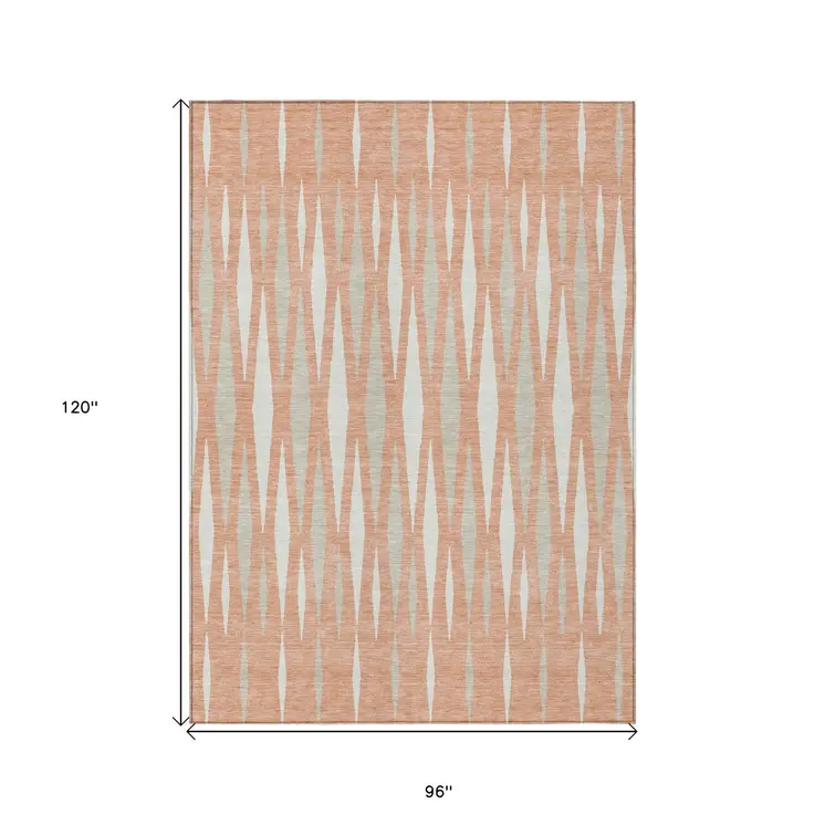 8' X 10' Salmon Gray And Ivory Geometric Washable Indoor Outdoor Area Rug