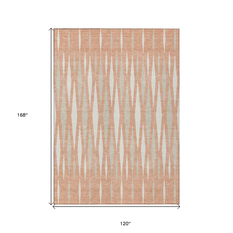 10' X 14' Salmon Gray And Ivory Geometric Washable Indoor Outdoor Area Rug