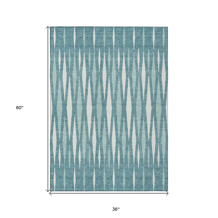 3' X 5' Teal Blue And Ivory Geometric Washable Indoor Outdoor Area Rug