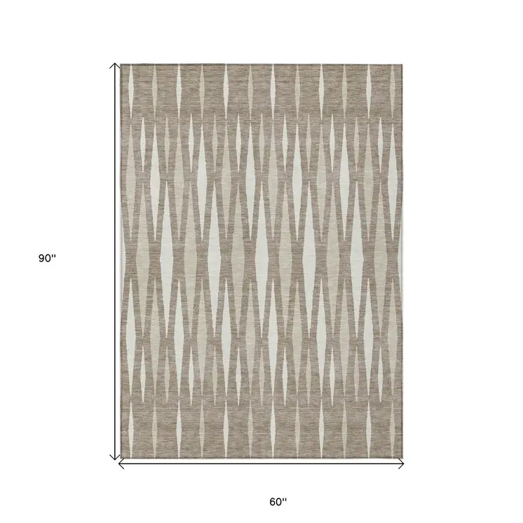 5' X 8' Taupe Beige And Ivory Geometric Washable Indoor Outdoor Area Rug