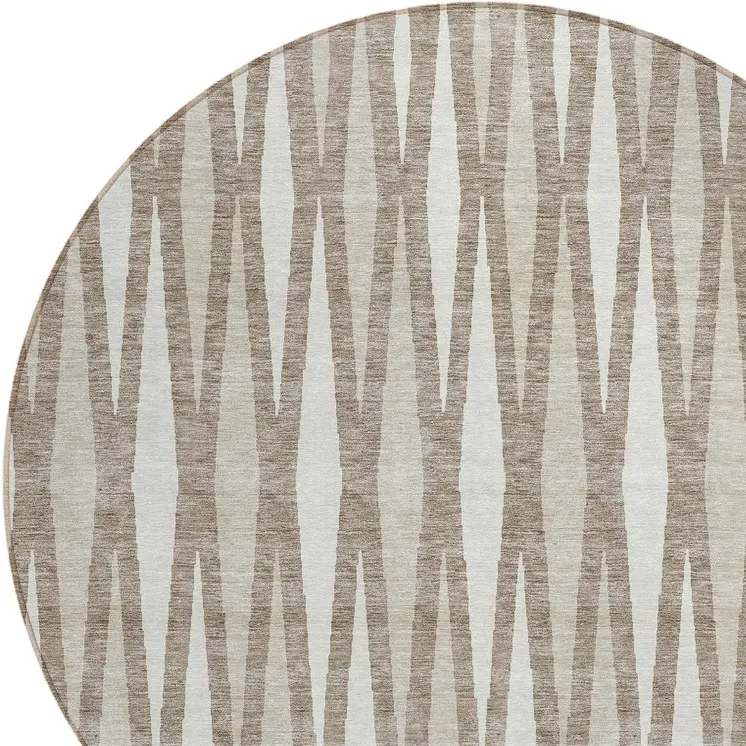 8' Taupe Beige And Ivory Round Geometric Washable Indoor Outdoor Area Rug