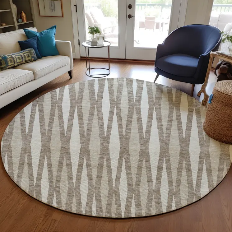 8' Taupe Beige And Ivory Round Geometric Washable Indoor Outdoor Area Rug