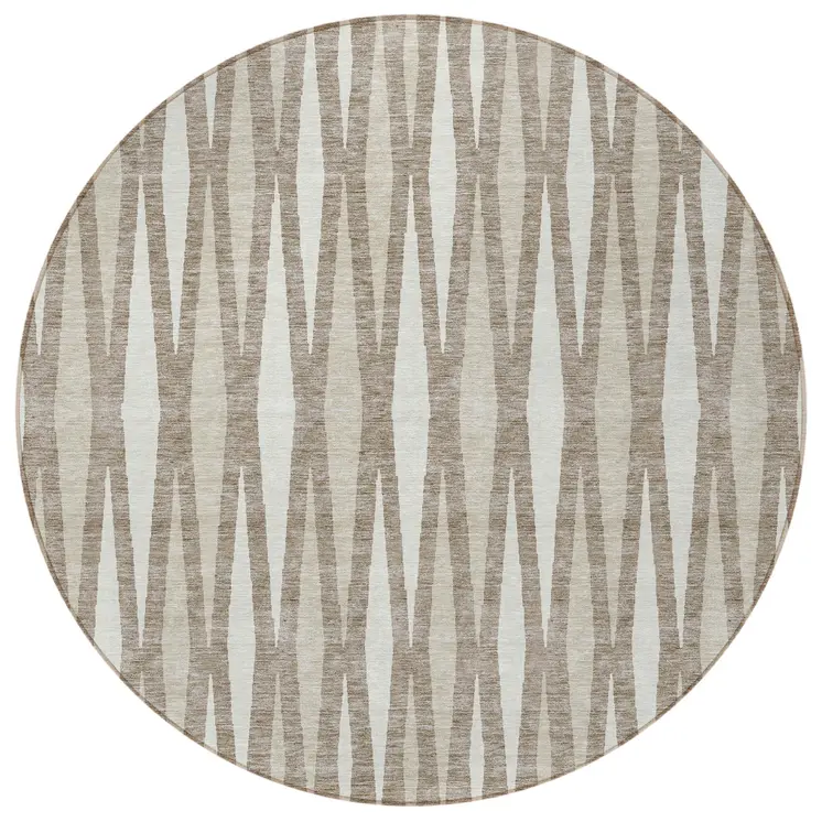 8' Taupe Beige And Ivory Round Geometric Washable Indoor Outdoor Area Rug