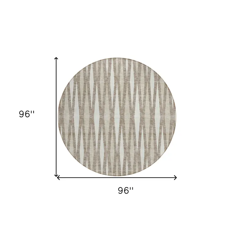 8' Taupe Beige And Ivory Round Geometric Washable Indoor Outdoor Area Rug