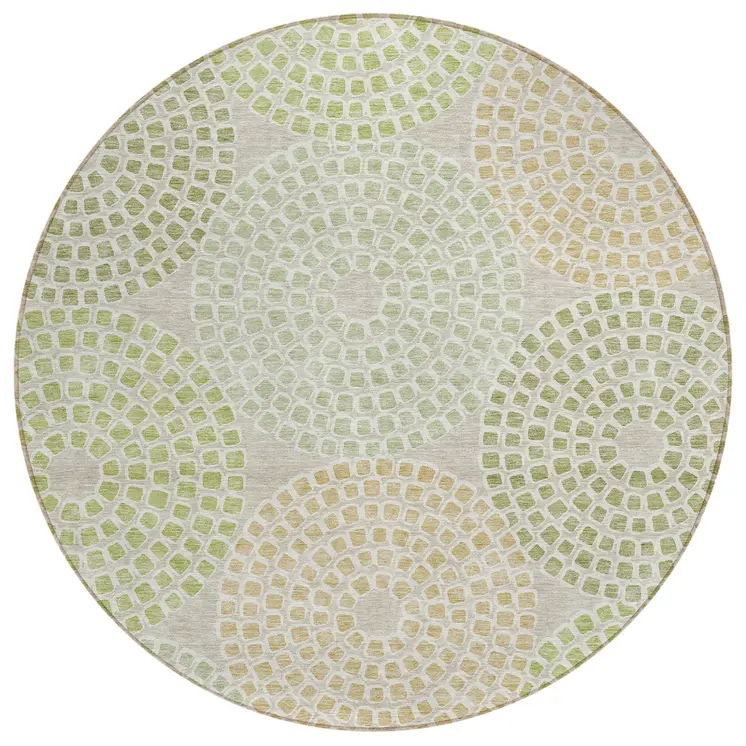 8' Artichoke Green And Brown Round Geometric Washable Indoor Outdoor Area Rug