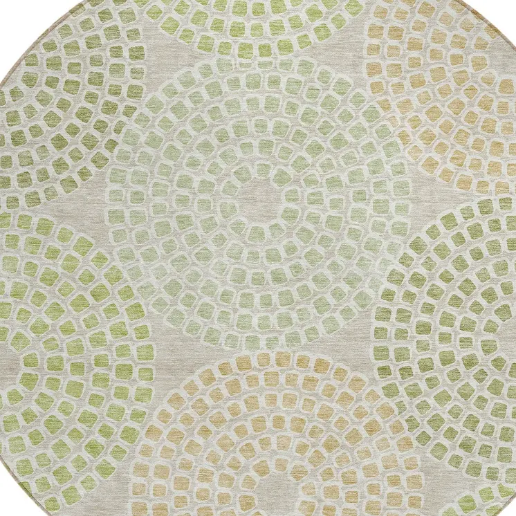 8' Artichoke Green And Brown Round Geometric Washable Indoor Outdoor Area Rug