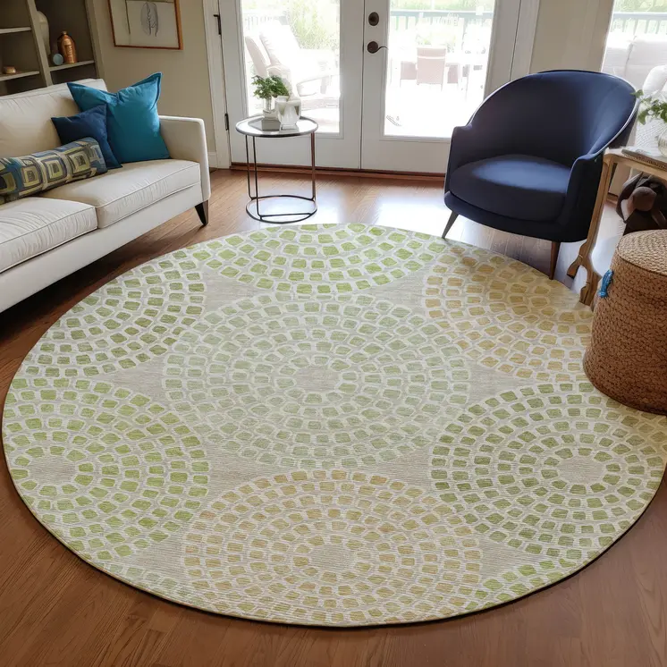 8' Artichoke Green And Brown Round Geometric Washable Indoor Outdoor Area Rug