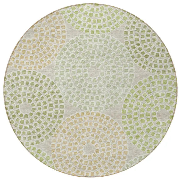 8' Artichoke Green And Brown Round Geometric Washable Indoor Outdoor Area Rug