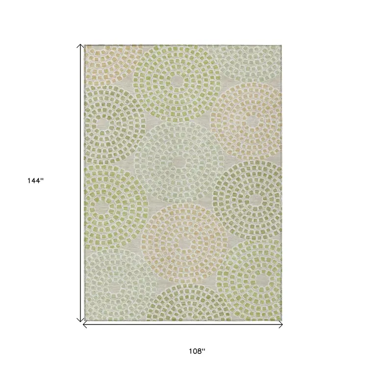 9' X 12' Artichoke Green And Brown Geometric Washable Indoor Outdoor Area Rug