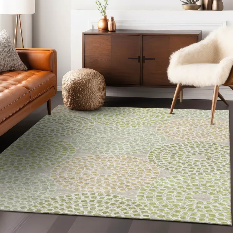 9' X 12' Artichoke Green And Brown Geometric Washable Indoor Outdoor Area Rug