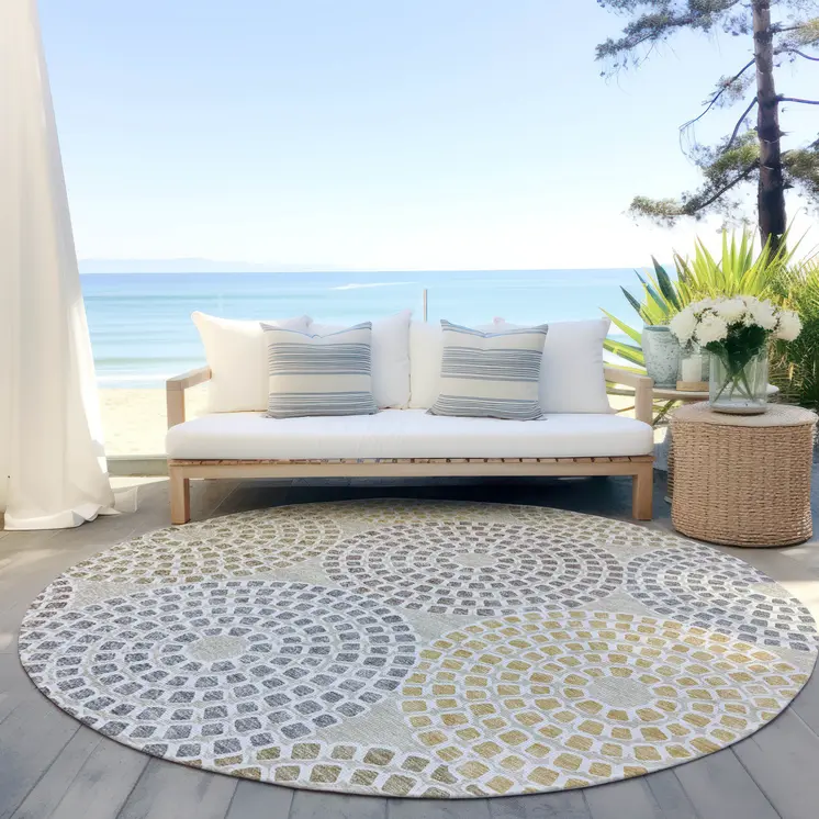 8' Beige Brown And Gray Round Geometric Washable Indoor Outdoor Area Rug