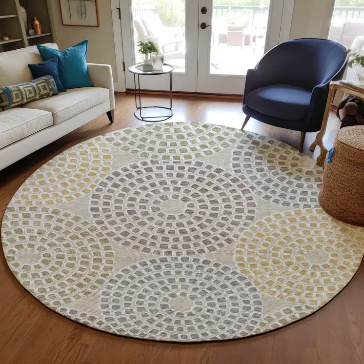 8' Beige Brown And Gray Round Geometric Washable Indoor Outdoor Area Rug