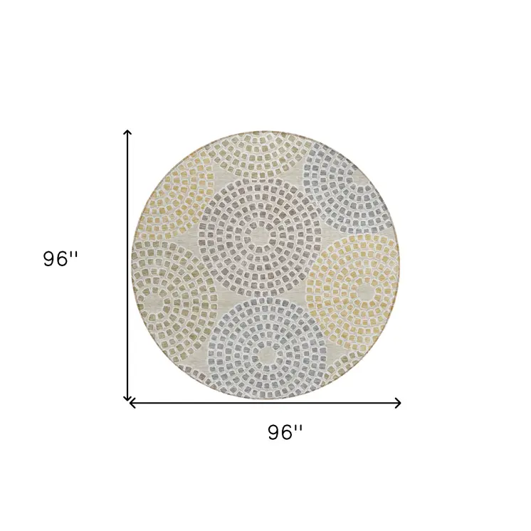 8' Beige Brown And Gray Round Geometric Washable Indoor Outdoor Area Rug