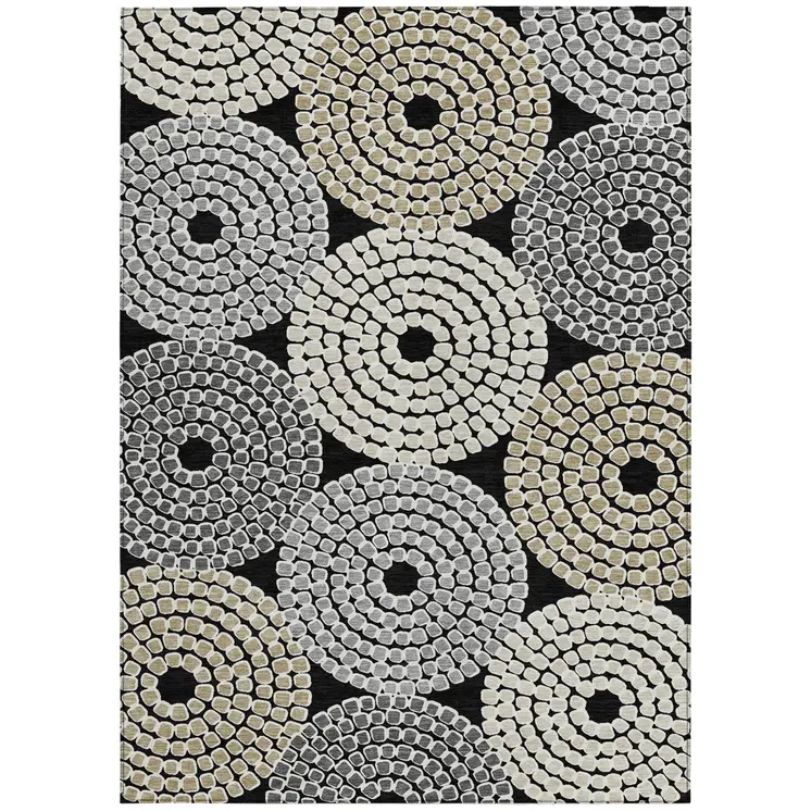 5' X 8' Black Gray And Beige Geometric Washable Indoor Outdoor Area Rug