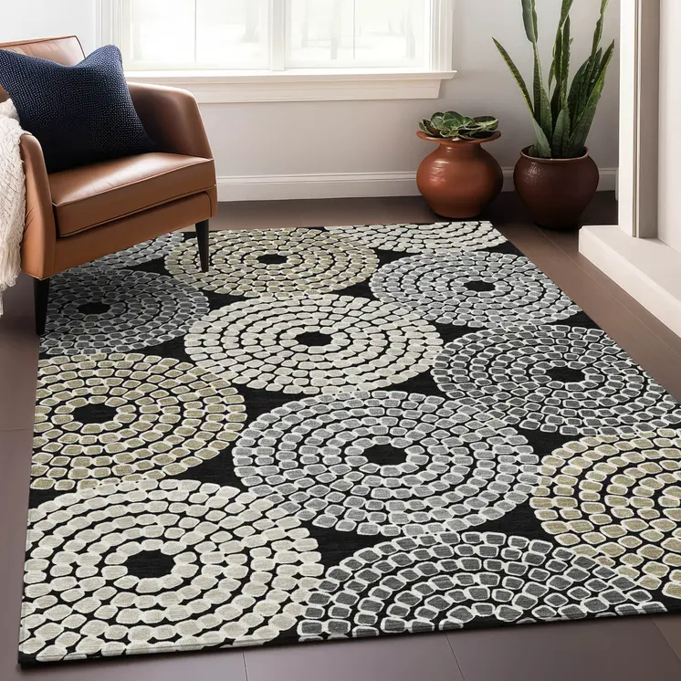 5' X 8' Black Gray And Beige Geometric Washable Indoor Outdoor Area Rug