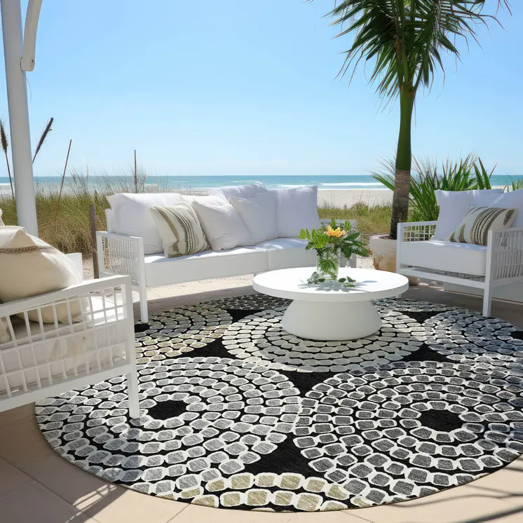 8' Black Gray And Beige Round Geometric Washable Indoor Outdoor Area Rug