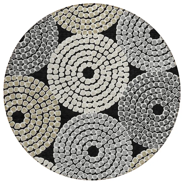 8' Black Gray And Beige Round Geometric Washable Indoor Outdoor Area Rug