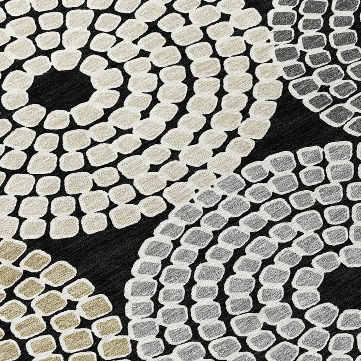 8' Black Gray And Beige Round Geometric Washable Indoor Outdoor Area Rug