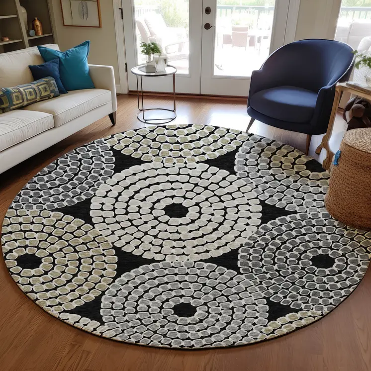 8' Black Gray And Beige Round Geometric Washable Indoor Outdoor Area Rug