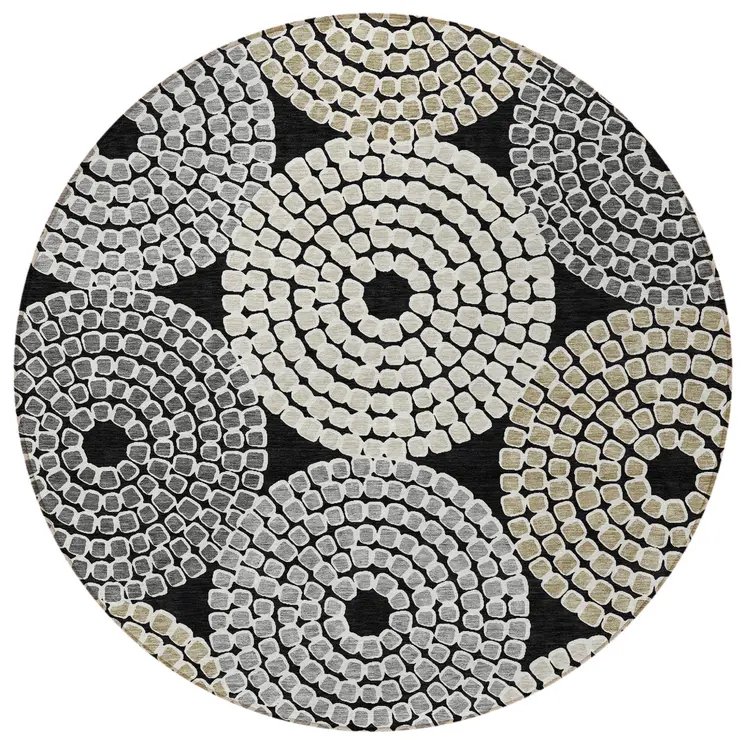 8' Black Gray And Beige Round Geometric Washable Indoor Outdoor Area Rug