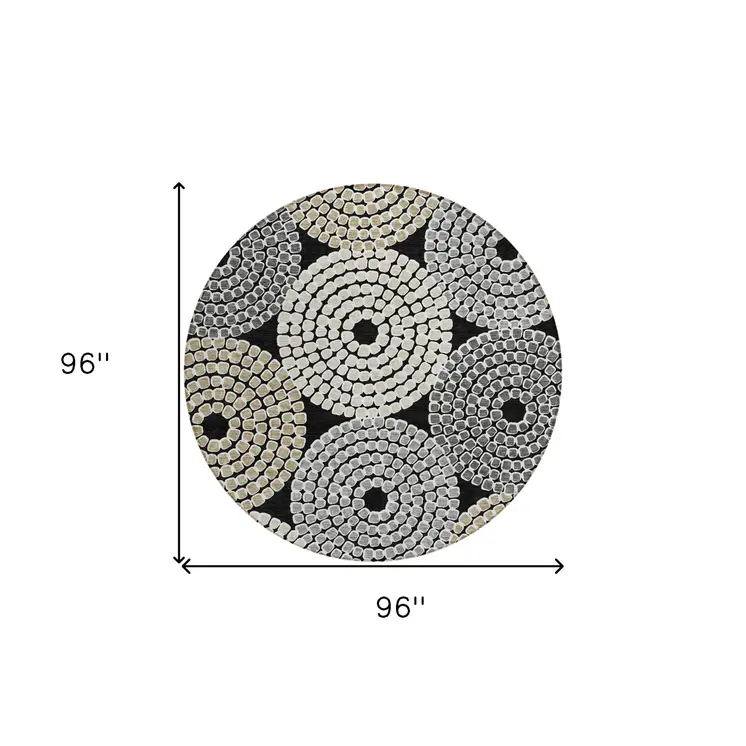 8' Black Gray And Beige Round Geometric Washable Indoor Outdoor Area Rug
