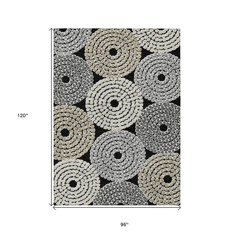 8' X 10' Black Gray And Beige Geometric Washable Indoor Outdoor Area Rug