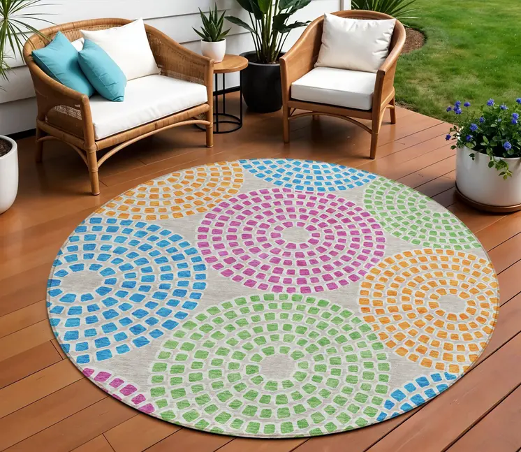 8' Purple Green And Aqua Round Geometric Washable Indoor Outdoor Area Rug
