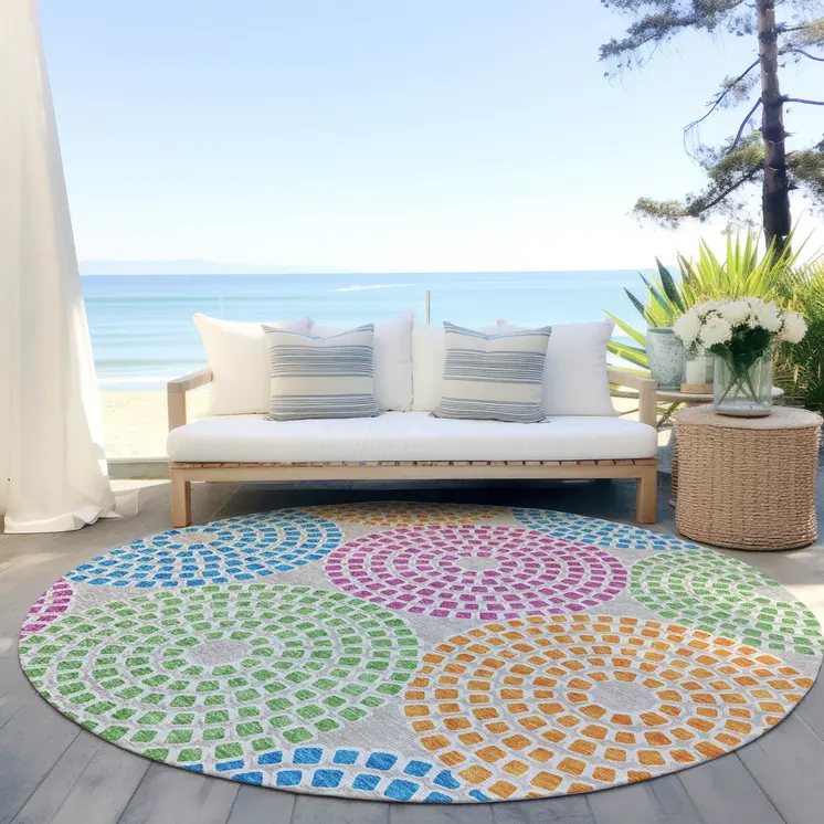 8' Purple Green And Aqua Round Geometric Washable Indoor Outdoor Area Rug