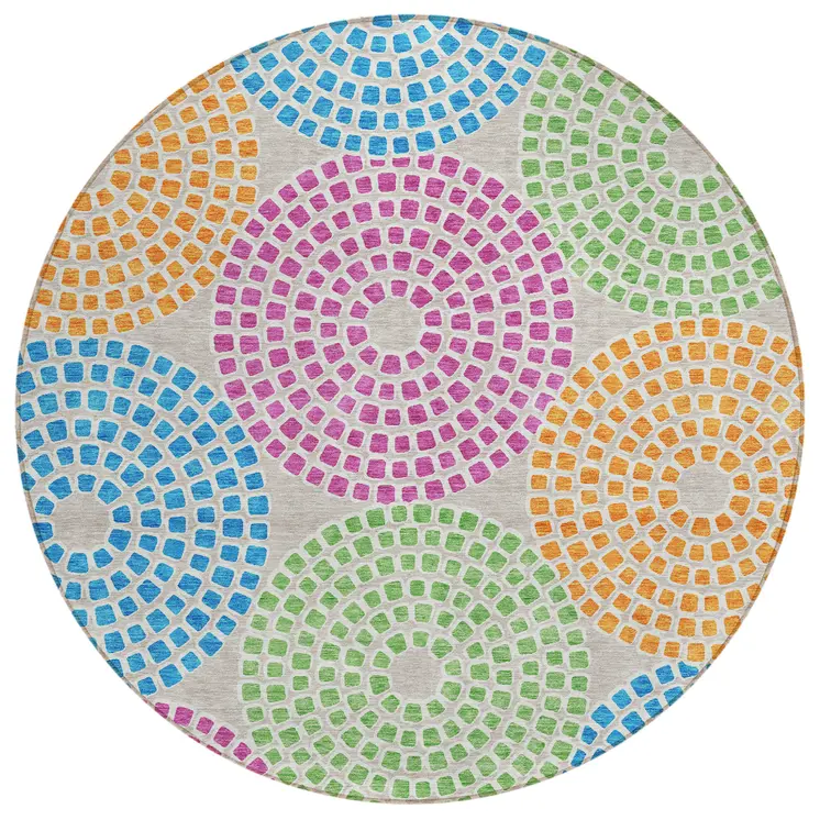 8' Purple Green And Aqua Round Geometric Washable Indoor Outdoor Area Rug