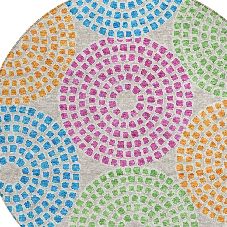 8' Purple Green And Aqua Round Geometric Washable Indoor Outdoor Area Rug