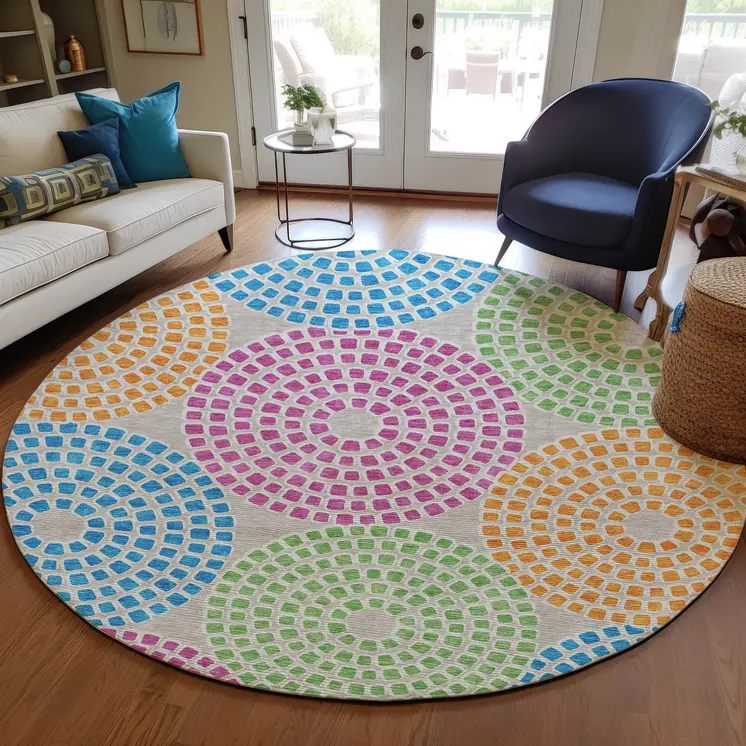 8' Purple Green And Aqua Round Geometric Washable Indoor Outdoor Area Rug