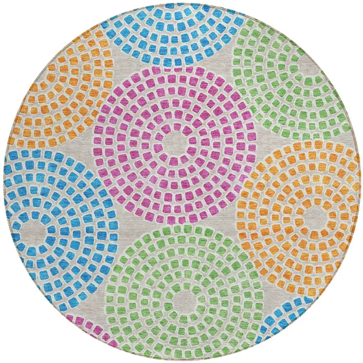 8' Purple Green And Aqua Round Geometric Washable Indoor Outdoor Area Rug