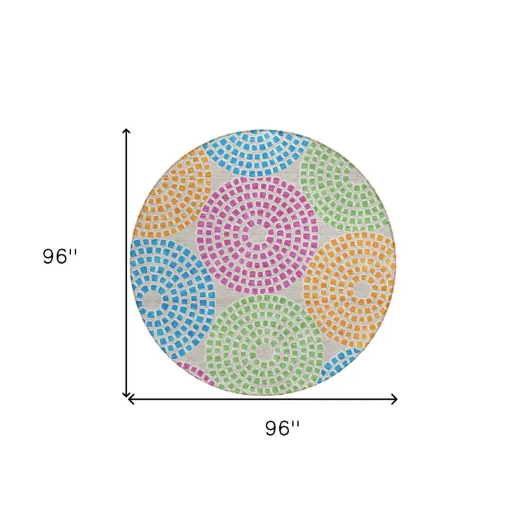 8' Purple Green And Aqua Round Geometric Washable Indoor Outdoor Area Rug
