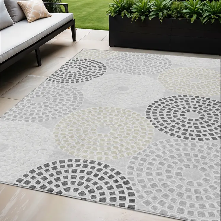 5' X 8' Gray And Taupe Geometric Washable Indoor Outdoor Area Rug
