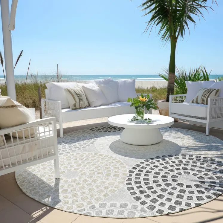 8' Gray And Taupe Round Geometric Washable Indoor Outdoor Area Rug