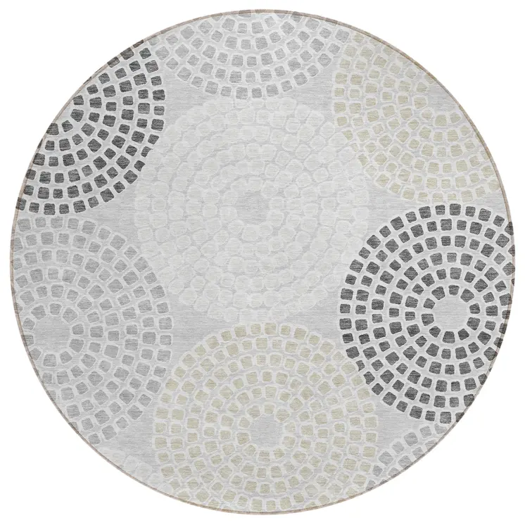 8' Gray And Taupe Round Geometric Washable Indoor Outdoor Area Rug