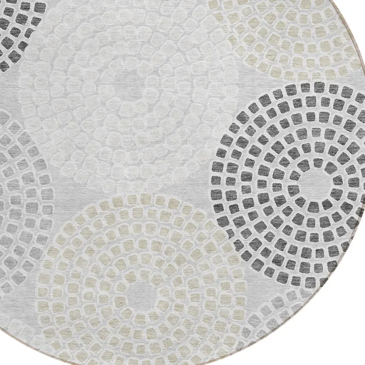 8' Gray And Taupe Round Geometric Washable Indoor Outdoor Area Rug