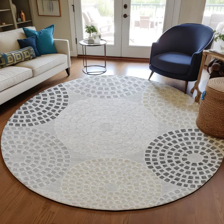 8' Gray And Taupe Round Geometric Washable Indoor Outdoor Area Rug