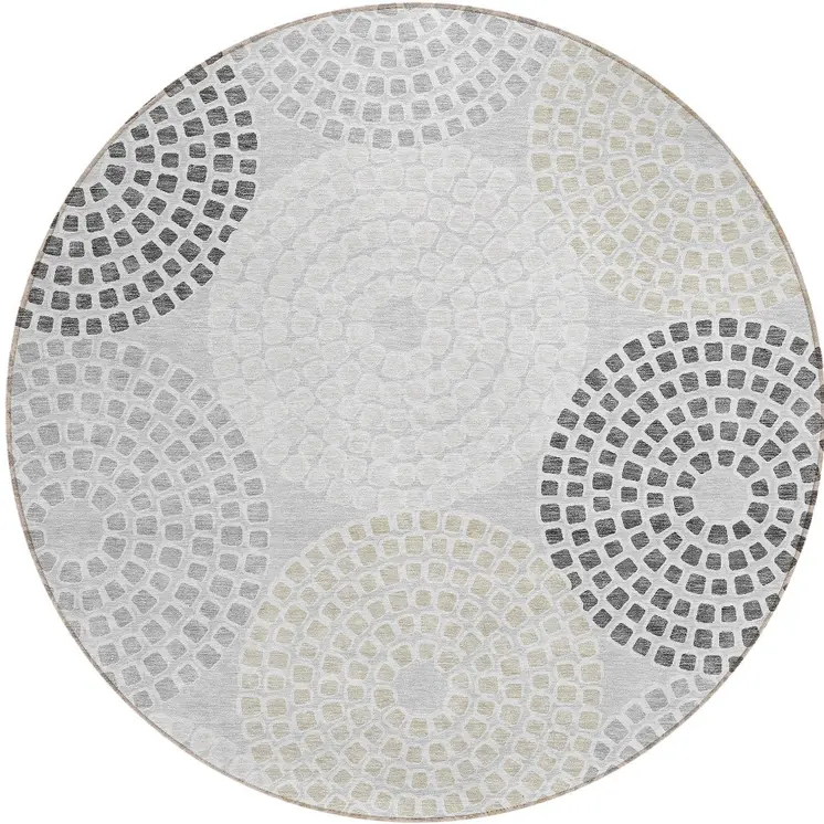 8' Gray And Taupe Round Geometric Washable Indoor Outdoor Area Rug