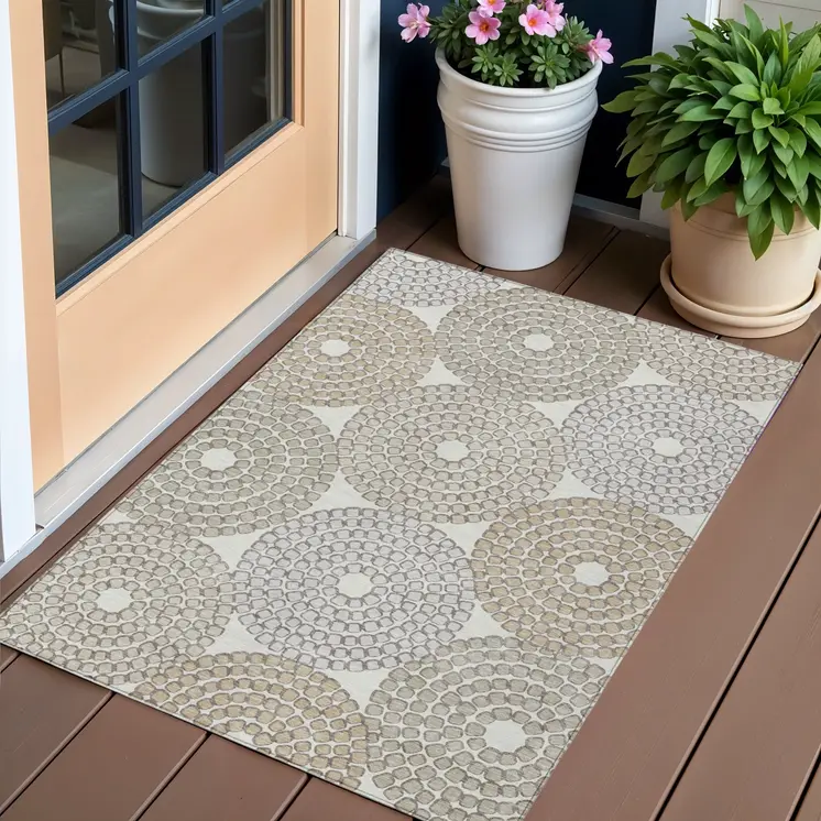 3' X 5' Ivory Brown And Gray Geometric Washable Indoor Outdoor Area Rug